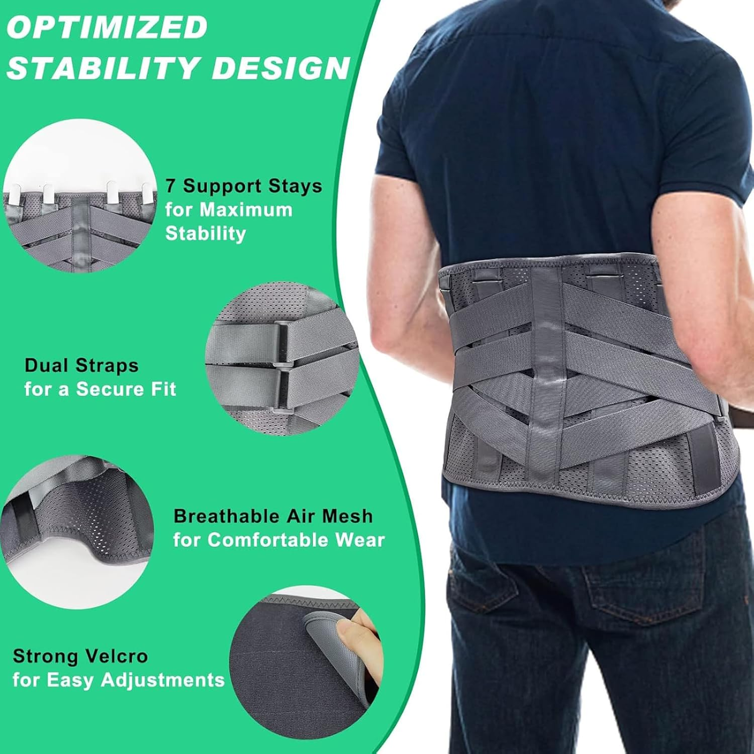 HONGJING Back Brace for Lower Back Pain Relief with 7 Stays, Lumbar Support Belt with Breathable Mesh for Heavy Lifting and Sciatica Pain Relief (M) image number 4