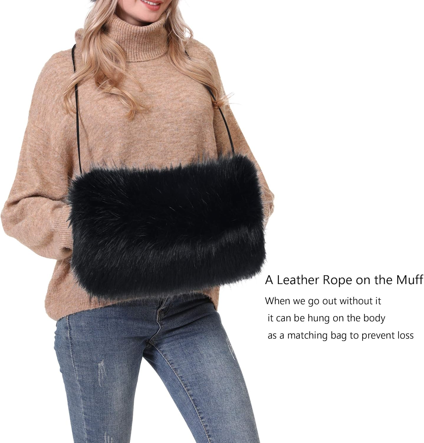 LA CARRIE Faux Fur Hand Muffs Women Winter Warmer Fuzzy Pouch Furry Plush Muffler Wedding Girl Kids Elegant Luxury Chic image number 4