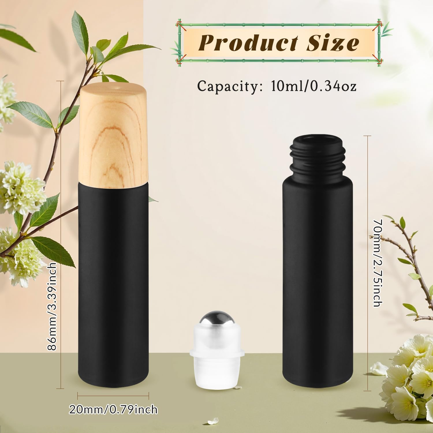 Cositina 20 Pcs 10Ml/0.34Oz Frosted Glass Roller Bottles Refillable Perfume Bottles with Stainless Steel Roller Balls & Wood Grain Lids for Travel Essential Oils - Black
