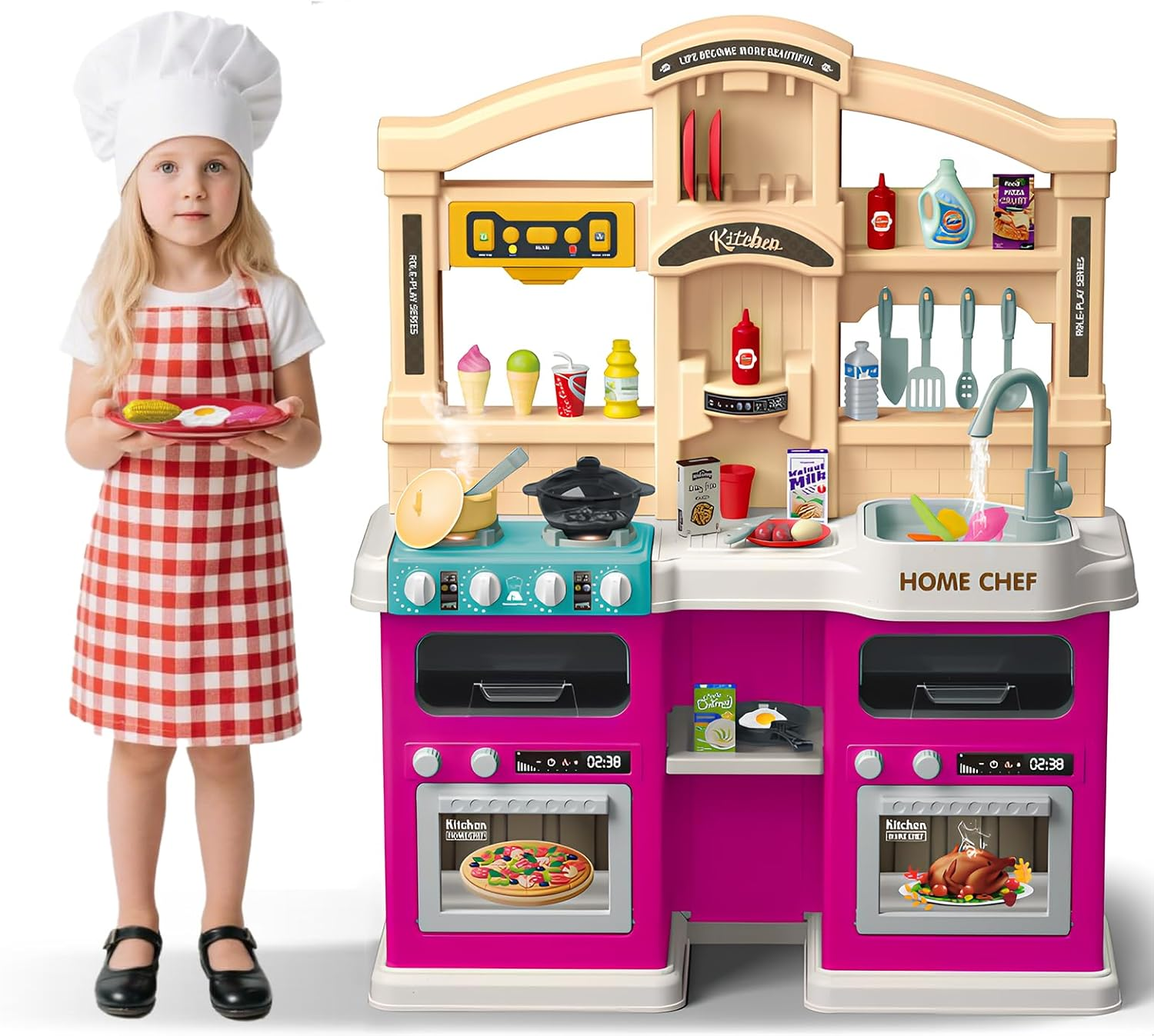 Kids Kitchen Playset with Multiple Accessories, Play Food with Realistic Sound & Light, Cooking Stove with Simulated Steam, Play Kitchen Toy,Kitchen Toy Accessories,Pretend Play Toys for Kids (Purple) image number 3