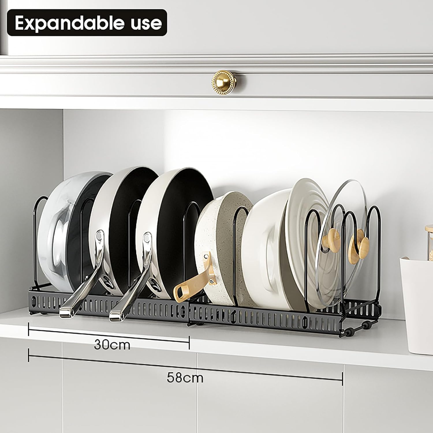 Merrynine Expandable Pans Organizer Rack, 10 Adjustable Compartments, 30-58 CM, Cookware Holder for Pantry or Cabinet, Kitchen Home Storage & Organisation, Black image number 3