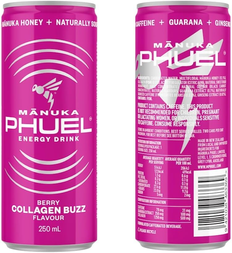 Manuka Phuel 100% Natural Energy Drink (250Ml X 12 Pack) with Marine Collagen - NO Synthetic Aftertaste - Powered by Guarana, Ginseng, Natural Caffeine, & Manuka Honey &ndash; Berry Collagen Buzz Flavour image number 1