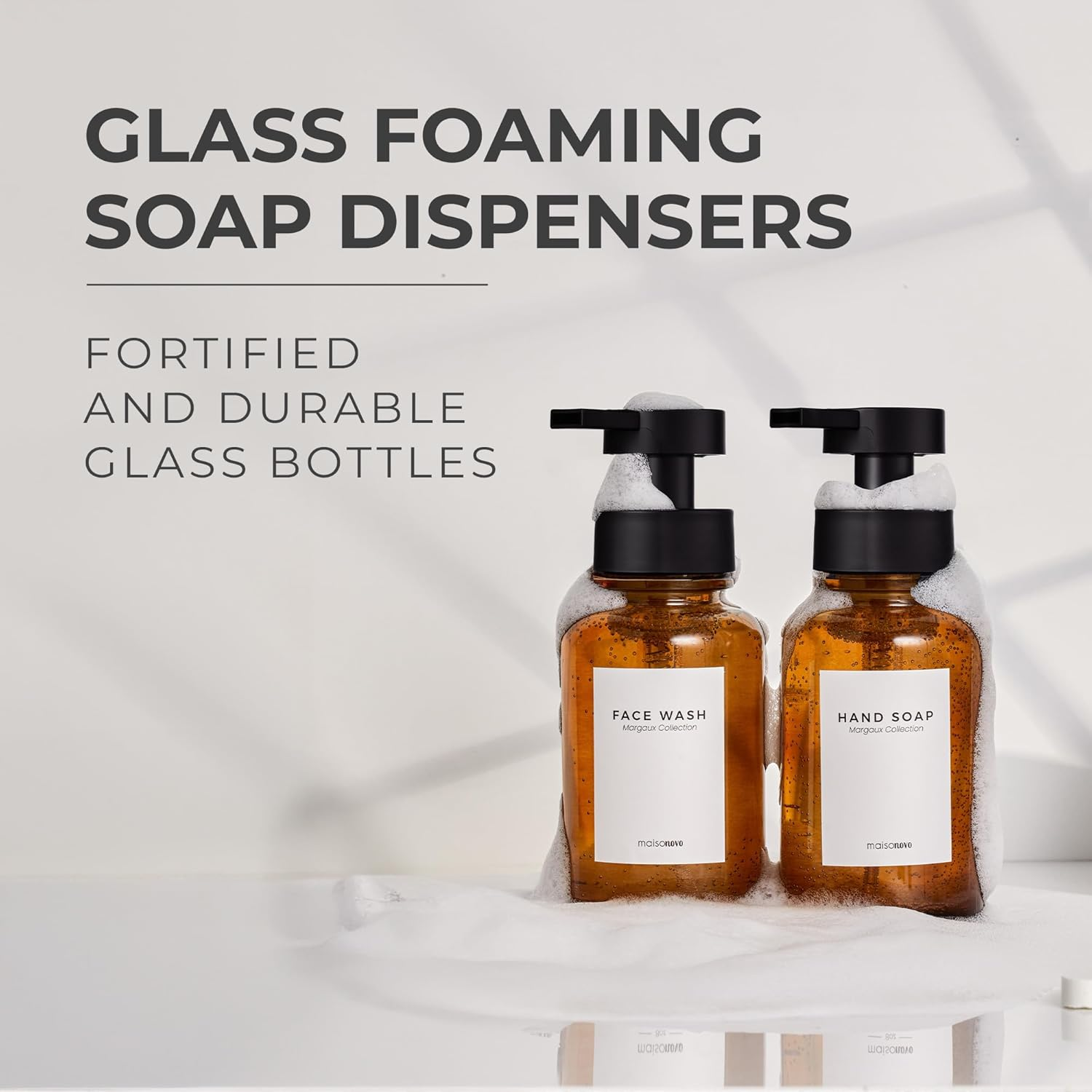 Maisonovo Glass Foaming Soap Dispenser 14 Oz | Amber Glass Black Pumps X 2 - Black Glass Plastic Pump X 2 image number 5