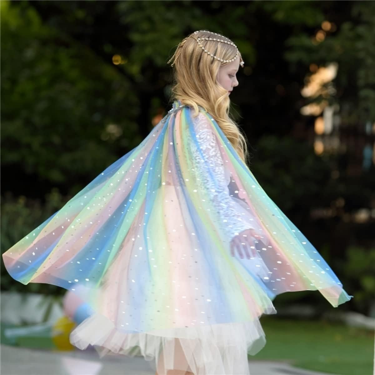 Costume Bay Girls Mermaid Rainbow Sequin Cloak Princess Sparkling Mesh Cape Hooded Cloak Halloween Book Week Dress up Party Birthday Gift Accessory Photoshoot image number 6
