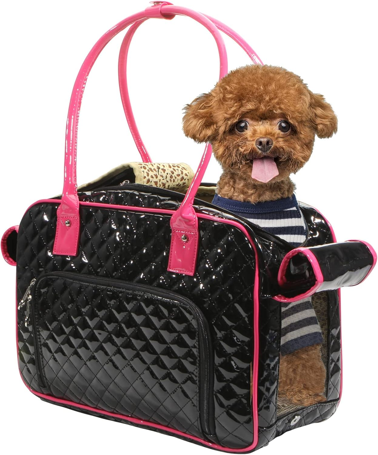 Betop House Mirror Surface Faux Leather Tote Purse Dog and Pet Carrier Travel Bag, Pink