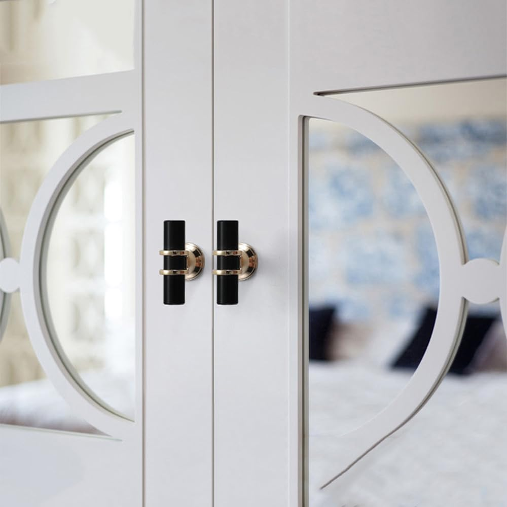 6 Pack Gold Cabinet Knobs 1.97" T Bar Drawer Knobs Zinc Alloy Single Hole Pulls for Dresser 50Mm Cupboard Handles for Kitchen Wardrobe Cabinet Hardware (6, Black Gold)