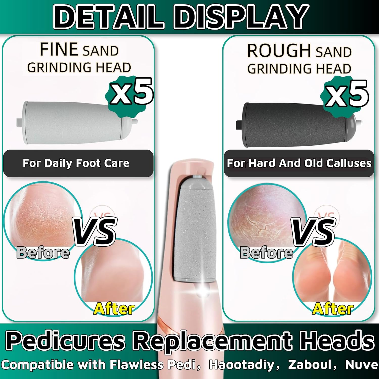10 Pack Pedicures Replacement Heads for Flawless Replacement Heads，Electric Feet Callus Remover Roller Refills，Compatible with Flawless Pedi，Haootadiy，Zaboul，Nuve (5 Black Coarse and 5 Gray Fine) image number 3