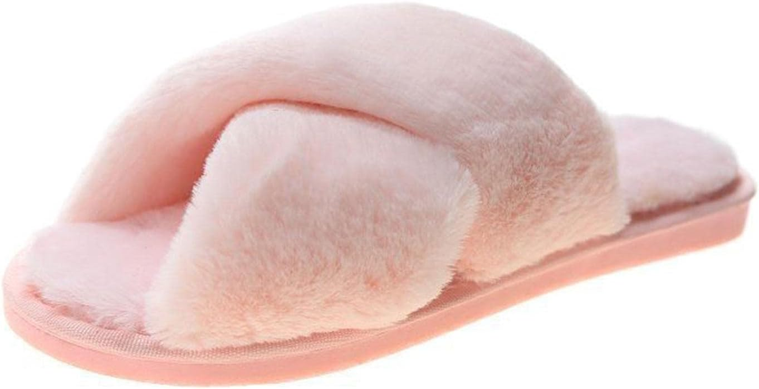 Fuzzy Slippers for Women, Cross Band Slippers, Womens Warm Comfy Open Toe Slippers with Rubber