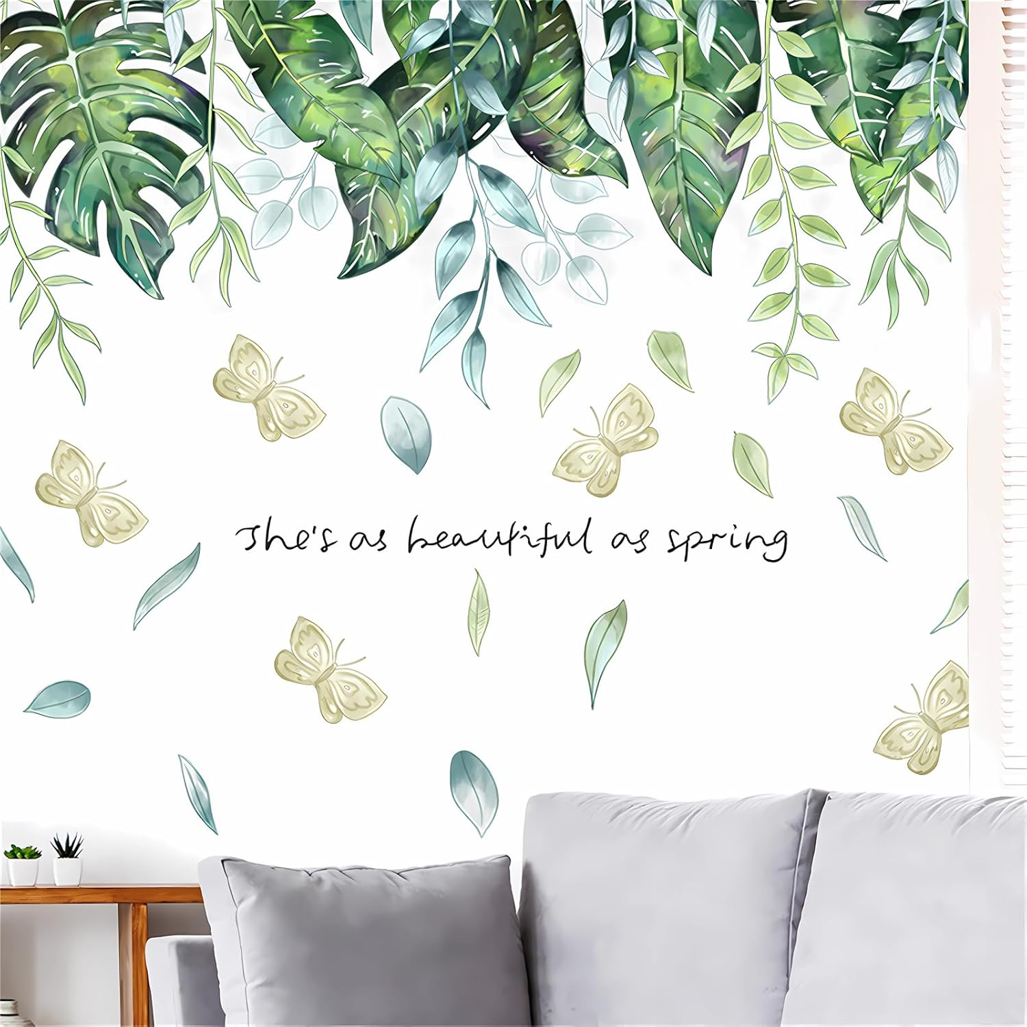 Tropical Greenery Foliage Hanging Vine Wall Stickers, Sacinora Green Plants Butterfly Art Wall Decals Removable Vinyl Peel and Stick for Living Room Bedroom Children'S Room Sofa TV Background - Green C image number 5
