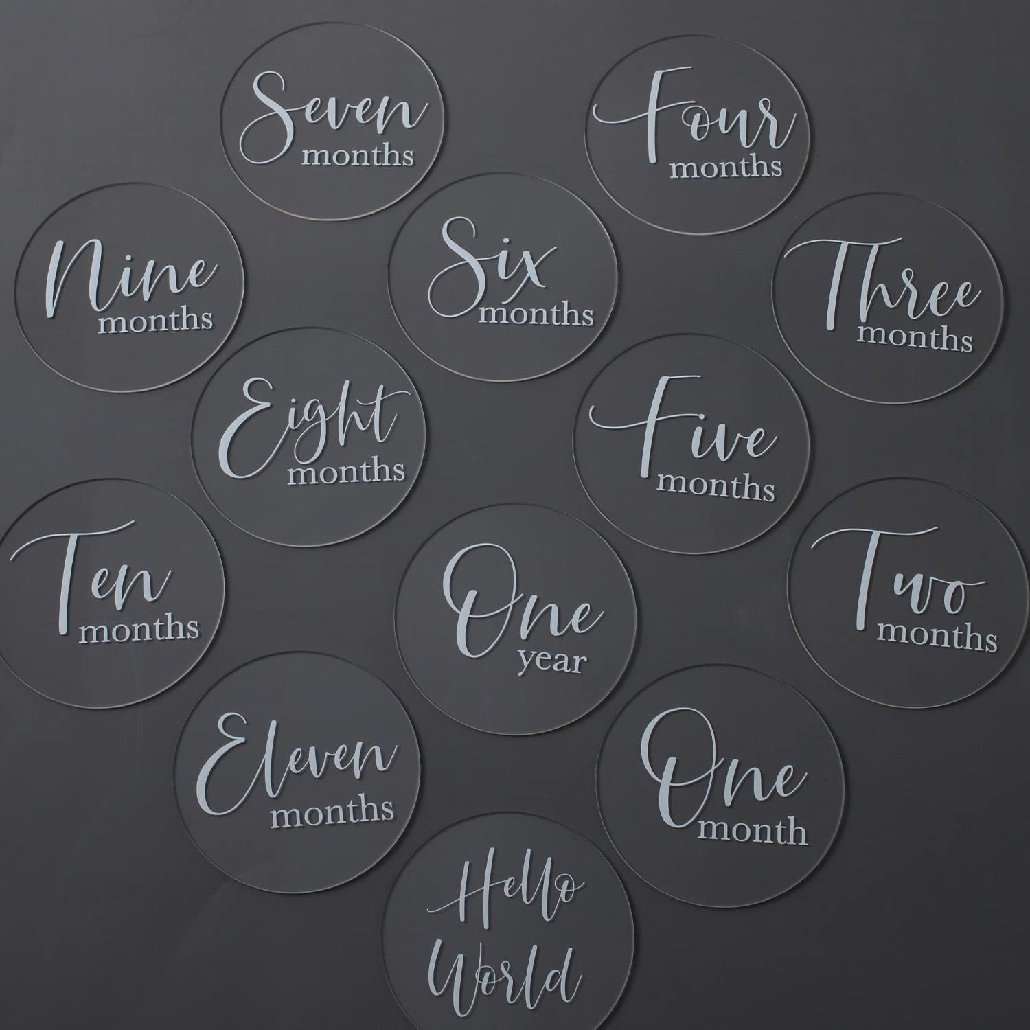 UNIQOOO 13Pcs 4'' Clear Acrylic Monthly Baby Milestone Printed Cards, Photo Props, round Baby Months Growth Sign for Boy, Girl Photography, One Month to One Year & Hello World Card, New Baby Gifts image number 6