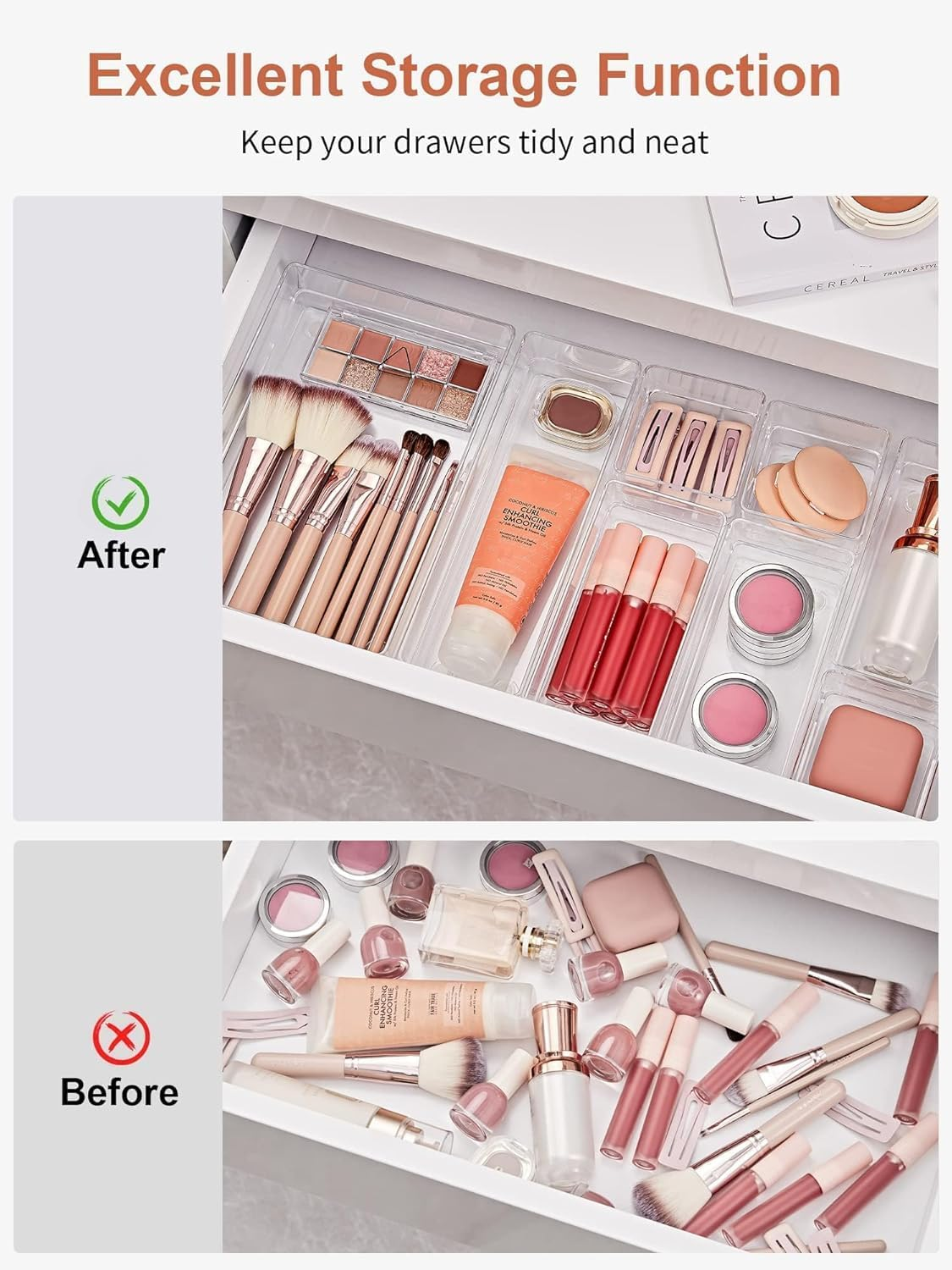 21-Piece Clear Plastic Drawer Organizers Set 4-Size Versatile Bathroom and Vanity Drawer Organizer Trays, Storage Bins for Makeup, Bedroom, Kitchen Gadgets Utensils and Office image number 2