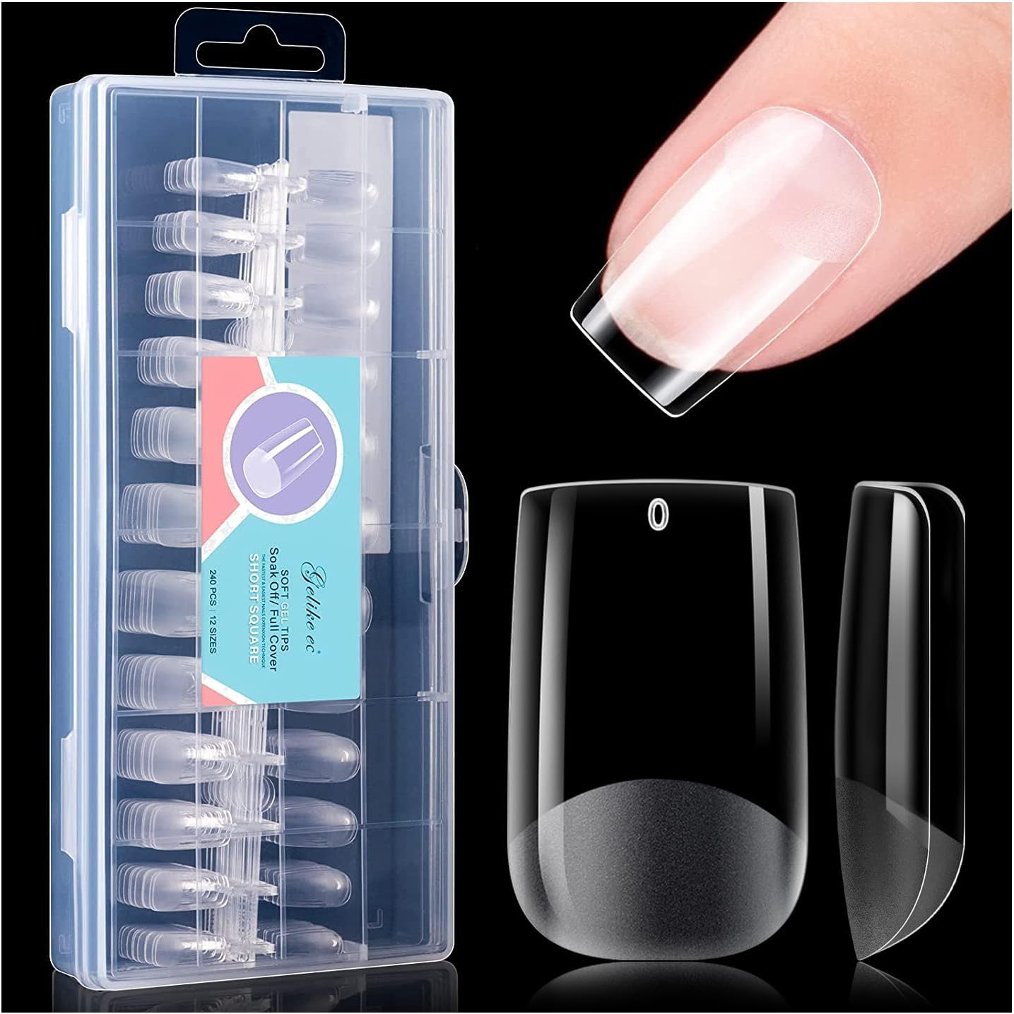 Gelike EC Extra Short Soft Gel Nail Tips Kit for Soak off Nail Extensions, Full Cover, Square Shaped, Pre-Buff PMMA Resin, Clear Ultra-Thin Design, 12 Sizes, 240 Pieces