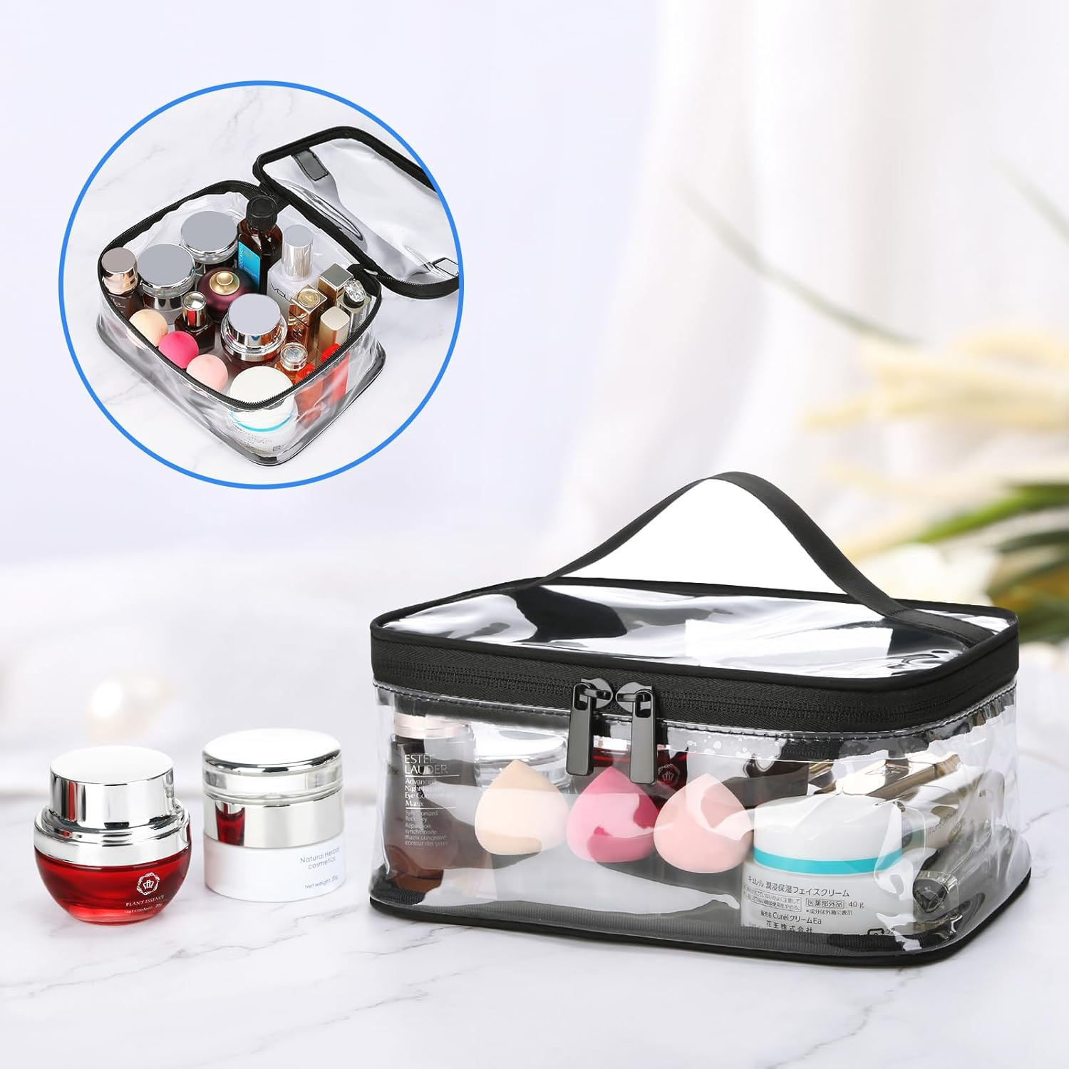 HAOGUAGUA 2 Pieces Clear Makeup Bags Cosmetic Toiletry Bags for Traveling, Waterproof Travel Transparent TSA APPROVED Carry on Airport Airline Compliant Bag, 2 PIECES BLACK, 2 Pieces Clear Makeup Bags - 2 Pieces Blue image number 5