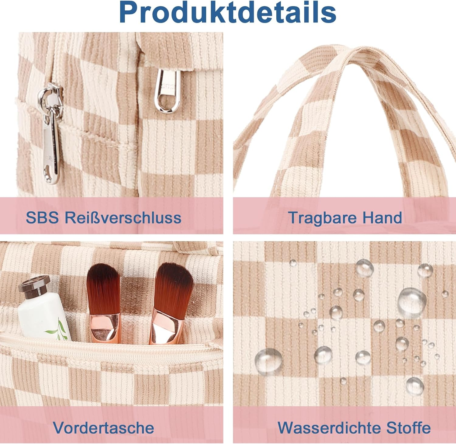 LEDAOU Cosmetic Bag with Inner Compartments, Carry Handle, Water-Repellent Makeup Bag, Corduroy Toiletry Bag, Unisex, Brown-White Grid, Modern image number 1