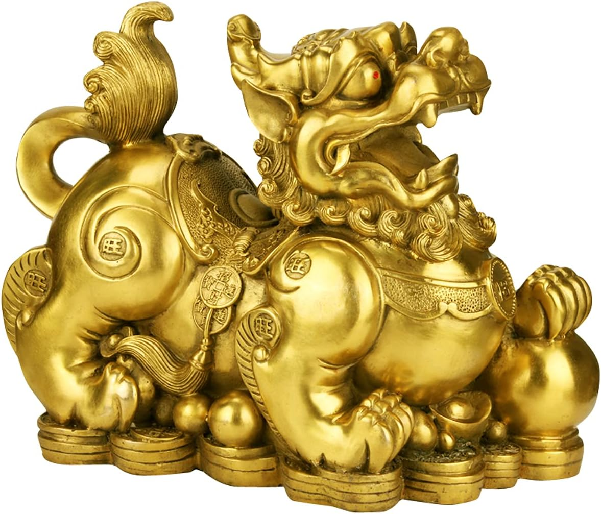 Feng Shui Pixiu/Pi Yao Brass Statue Home Decor a Pair Figurine Attract Money and Good Luck Wealth Decoration Sculpture Golden(3.2" L X 1.6" W X 2.8" H) image number 6