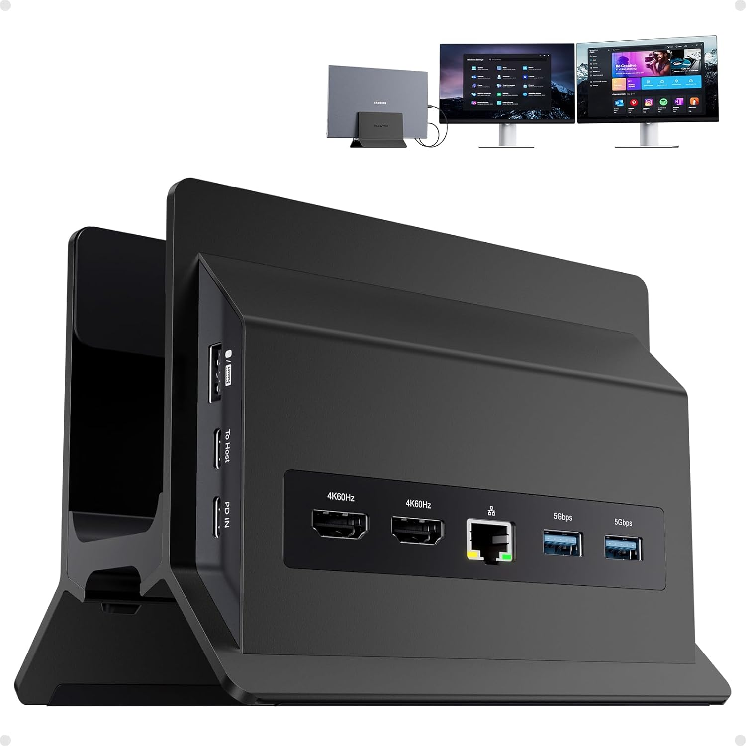 PULWTOP Laptop Docking Station Dual Monitor, 11 in 1 Vertical USB C Dock Stand with 2 HDMI 4K 60Hz, 3 USB A/C 10Gbps, 2 USBA 5Gbps, USB-A 2.0, Ethernet, PD Docking Station for Type-C Laptops (Grey)
