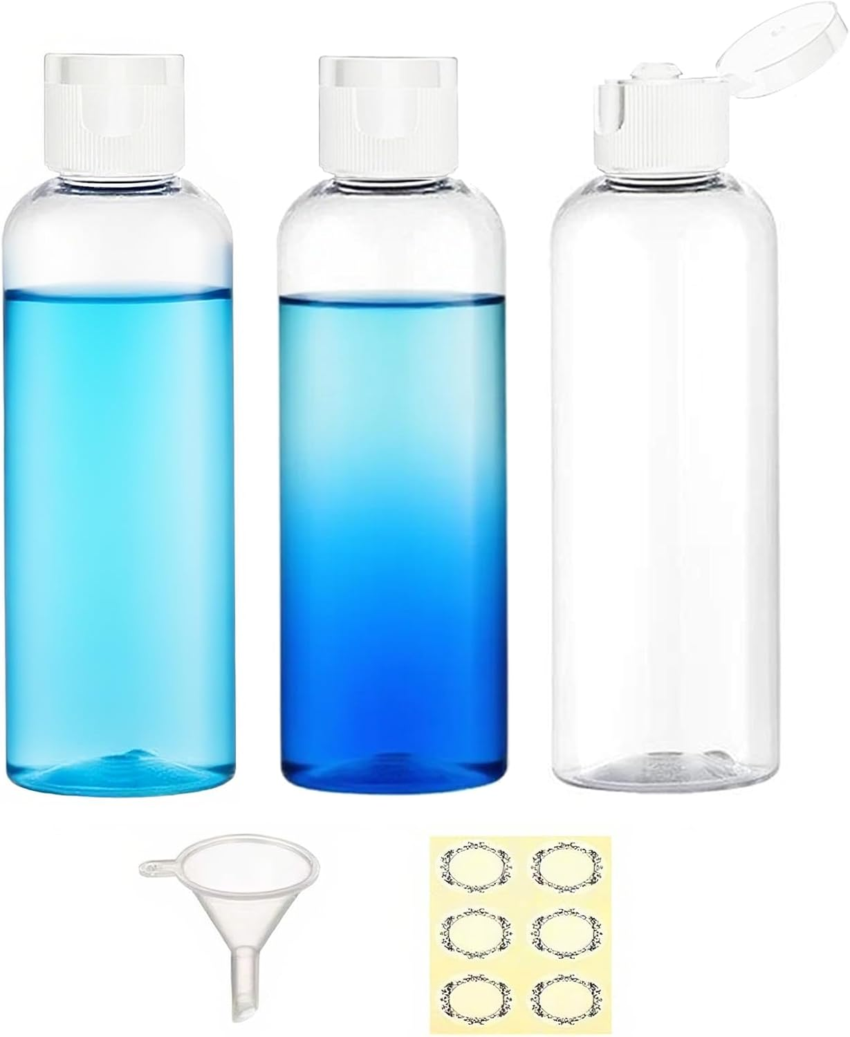 Apstaqeoo 4PCS 150ML Plastic Bottles with White Disc Top Flip Cap Empty Squeeze Bottles Clear Refillable Travel Container Dispenser with Funnel Label for Liquid Lotion Shampoo Toiletries Cosmetic