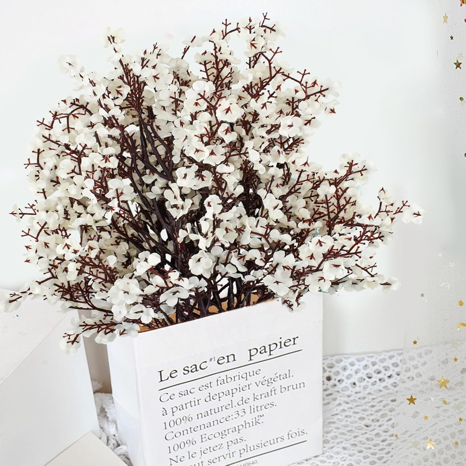 Bacucine Babys Breath Artificial Flowers 6Pcs Fake Flowers Real Touch Faux Gypsophila Bouquet for Home Wedding Party Table Decor (White)