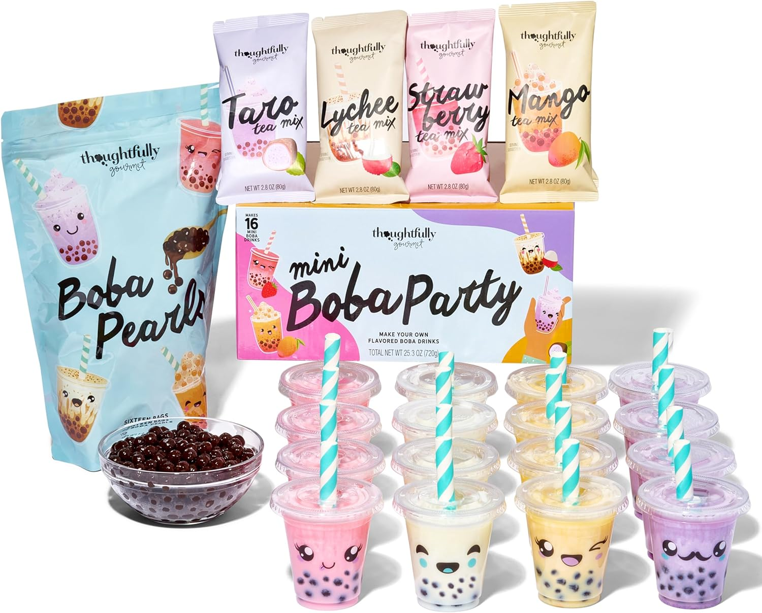 Thoughtfully Gourmet, Mini Boba Party Set, Makes 16 Tasting Portions of Bubble Tea, Includes 4 Flavors, Boba Pearls, Cups, Lids, and Straws image number 1