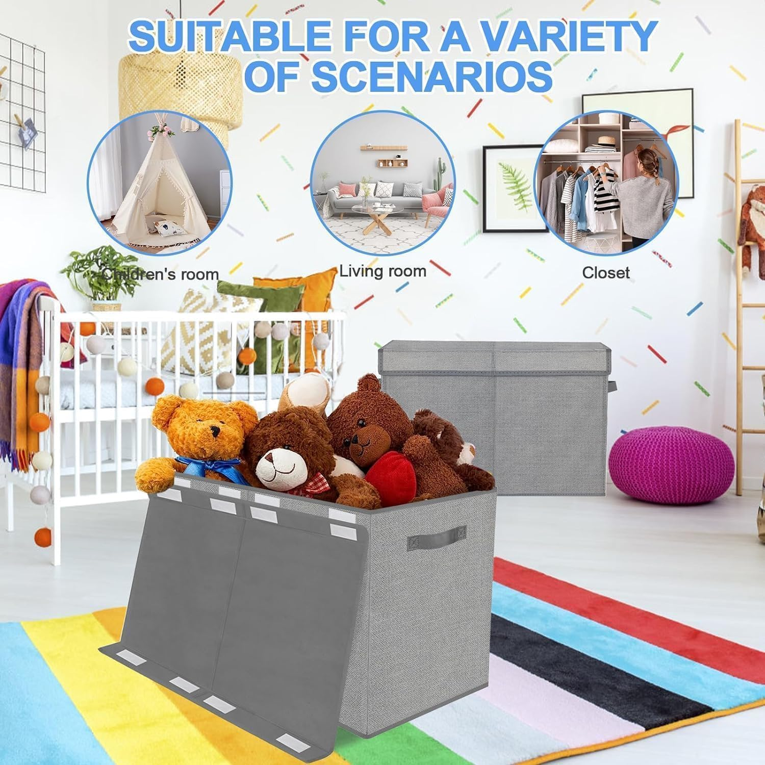 Large Toy Box Storage Chest for Girls Boys Kids,Collapsible Toy Bin Organizer Basket with Lids,Sturdy Toy Storage Organizer Bins Boxes for Blanket,Toys,Kids,Girls,Toddler,Nursery,Playroom image number 3