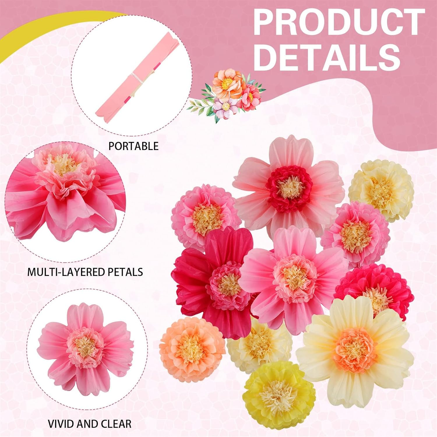 24 Pcs Large Colorful Tissue Paper Flowers 20" Handcrafted Giant Fiesta Paper Flowers for Mexican Party Wedding Birthday Backdrop Shower Nursery Craft Outdoor Wall Decor (Fresh Color) image number 2