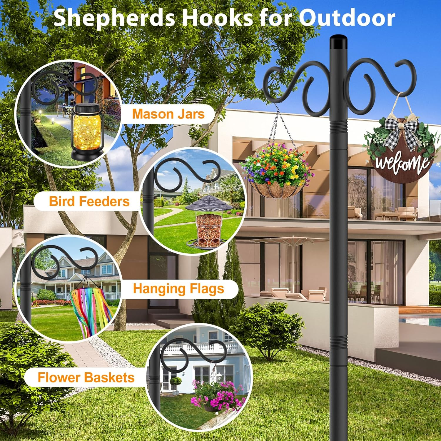 Adjustable Shepherd Hooks for Outdoor,2 Pack 90 Inch 5 Prong Base Bird Two Sided Feeder Poles,Heavy Duty Shepherds Hook,Suitable for Garden in Hanging Flower Basket,Lantern,Bird Nests image number 4