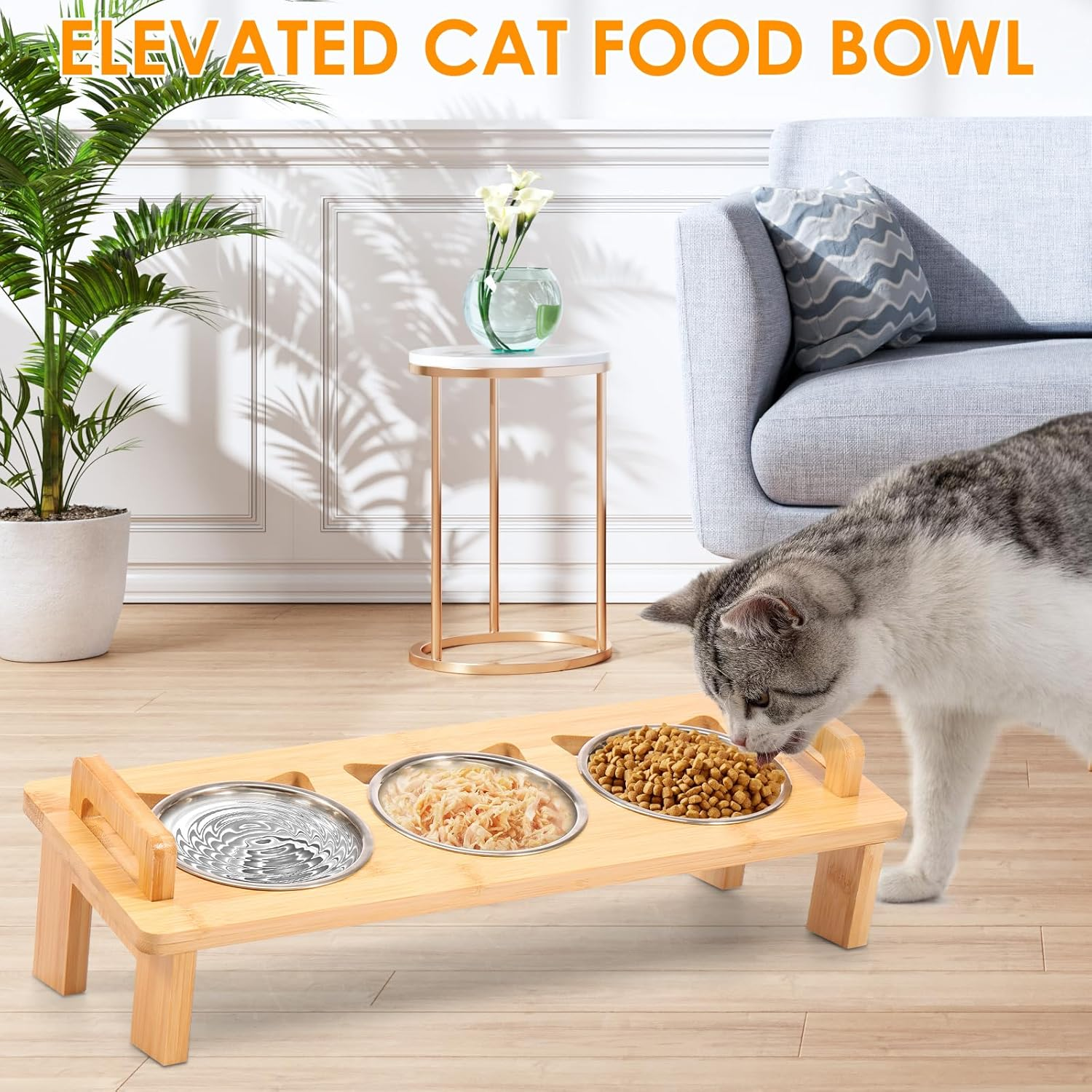 Elevated Cat Bowls with Bamboo Stand Tilted Raised Pet Food Feeding Dishes with 3 Stainless Steel Bowls for Cats and Puppy (3 Bowls) image number 3
