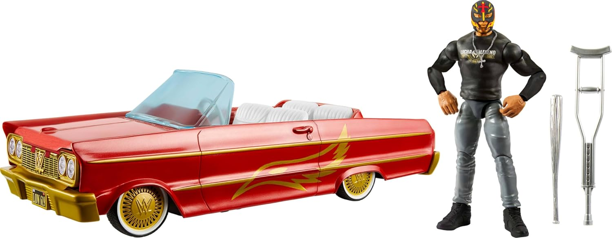 Mattel WWE Action Figure & Toy Vehicle Set, Rey Mysterio Main Event Figure & Lucha Low Rider Car with Launching Action & Hydraulics image number 2