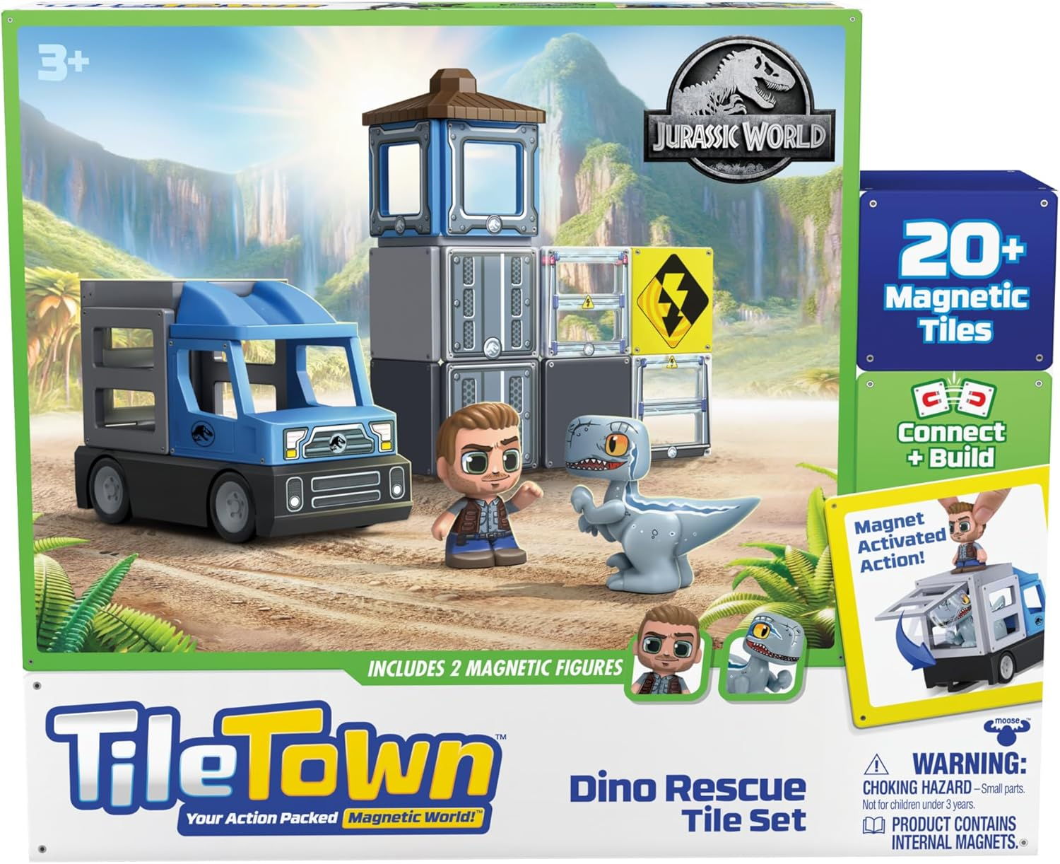 TILE TOWN Jurassic World Dino Rescue Magnetic Tiles Construction Building Set + Figures + Car, Kids 3-5+, New Action Tiles for Action Play, Realistic Builds, STEM Creative Toy image number 6