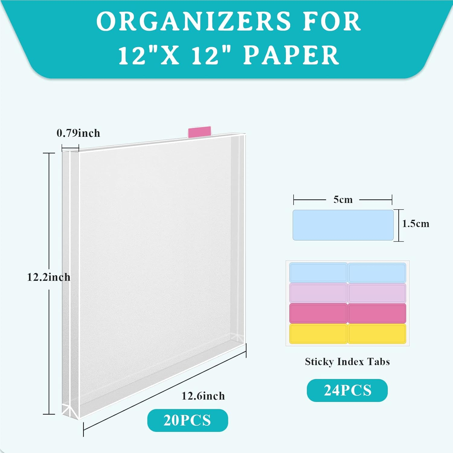 Caydo 20 Pieces Scrapbook Paper Storage Clear 12 X 12 Paper Storage Organizer with Tabs and Gusset Bottom for Holding Scrapbook Paper, Vinyl Paper, Paper, Cardstock