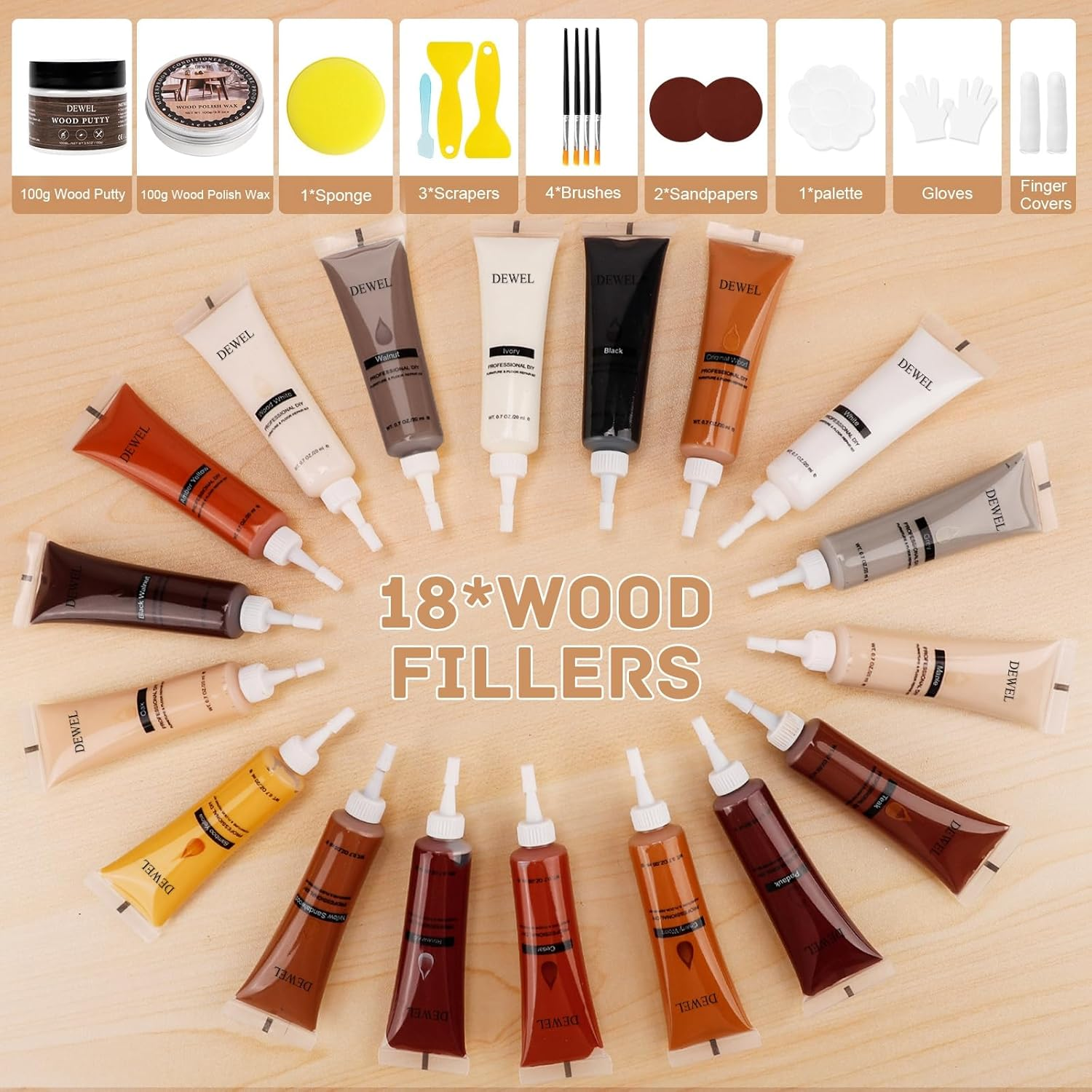 DEWEL Wood Filler, Upgrade Wood Floor and Furniture Repair Kit, 18 Colors Wood Floor Scratch Remover, Wood Putty and Wood Polish for Wood Scratches, Crack, Holes, Laminate, Cabinet, Table, Oak, Walnut image number 1