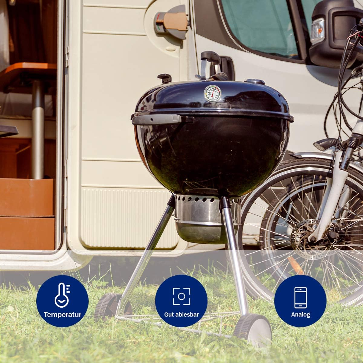 TFA Dostmann 141029 BBQ Thermometer, Analogue, 14.1029, for Cooking Chamber Temperature Measurement, for Grill/Smoker, Stainless Steel, 18/8, Silver, Diameter 52 X H 67 Mm image number 1