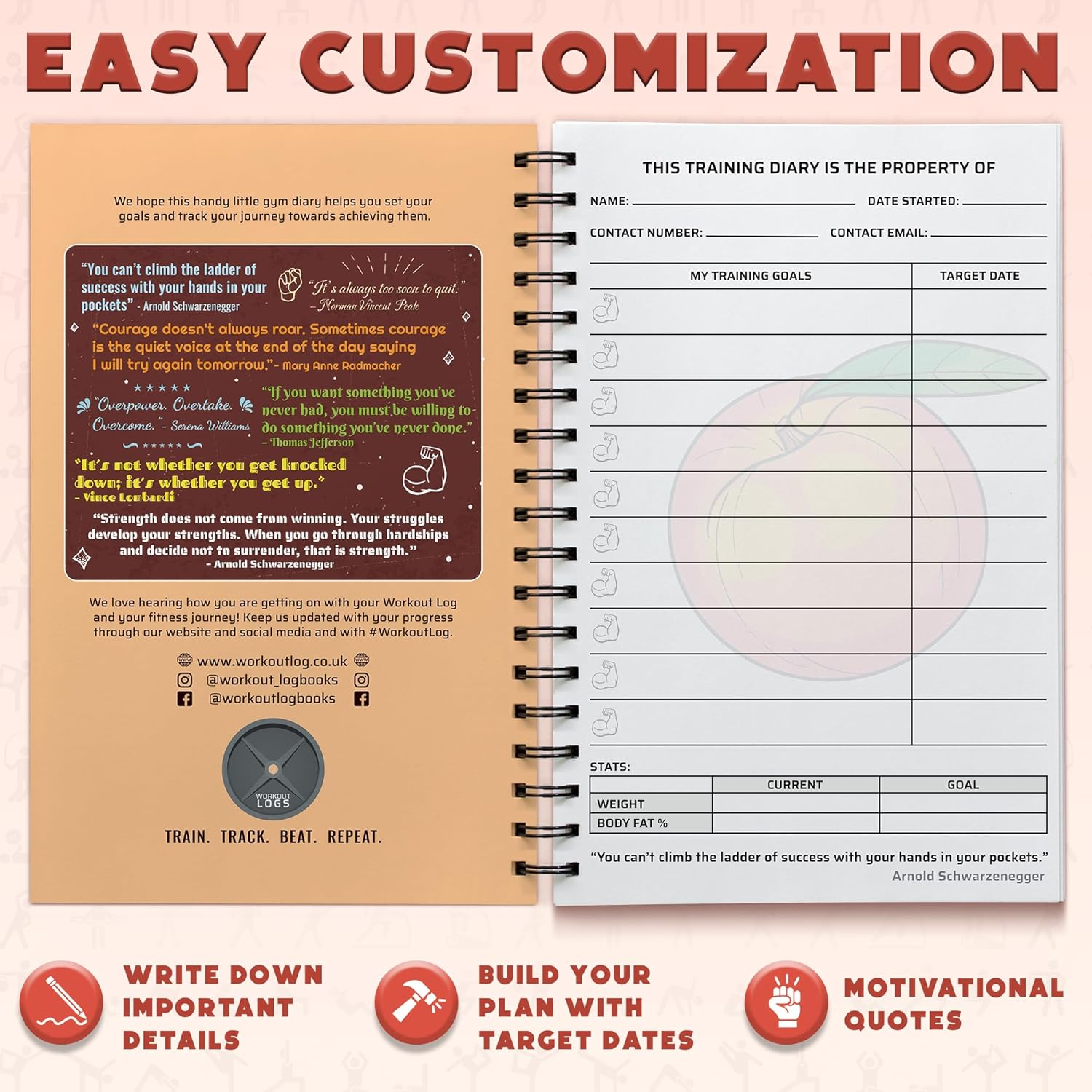 Workout Log Gym - XL 5" X 8"/A5 Sized Training and Gym Diary - Set Your Fitness Goals, Track 100 Workouts and Record Your Progress in Clear Detail (Peach)