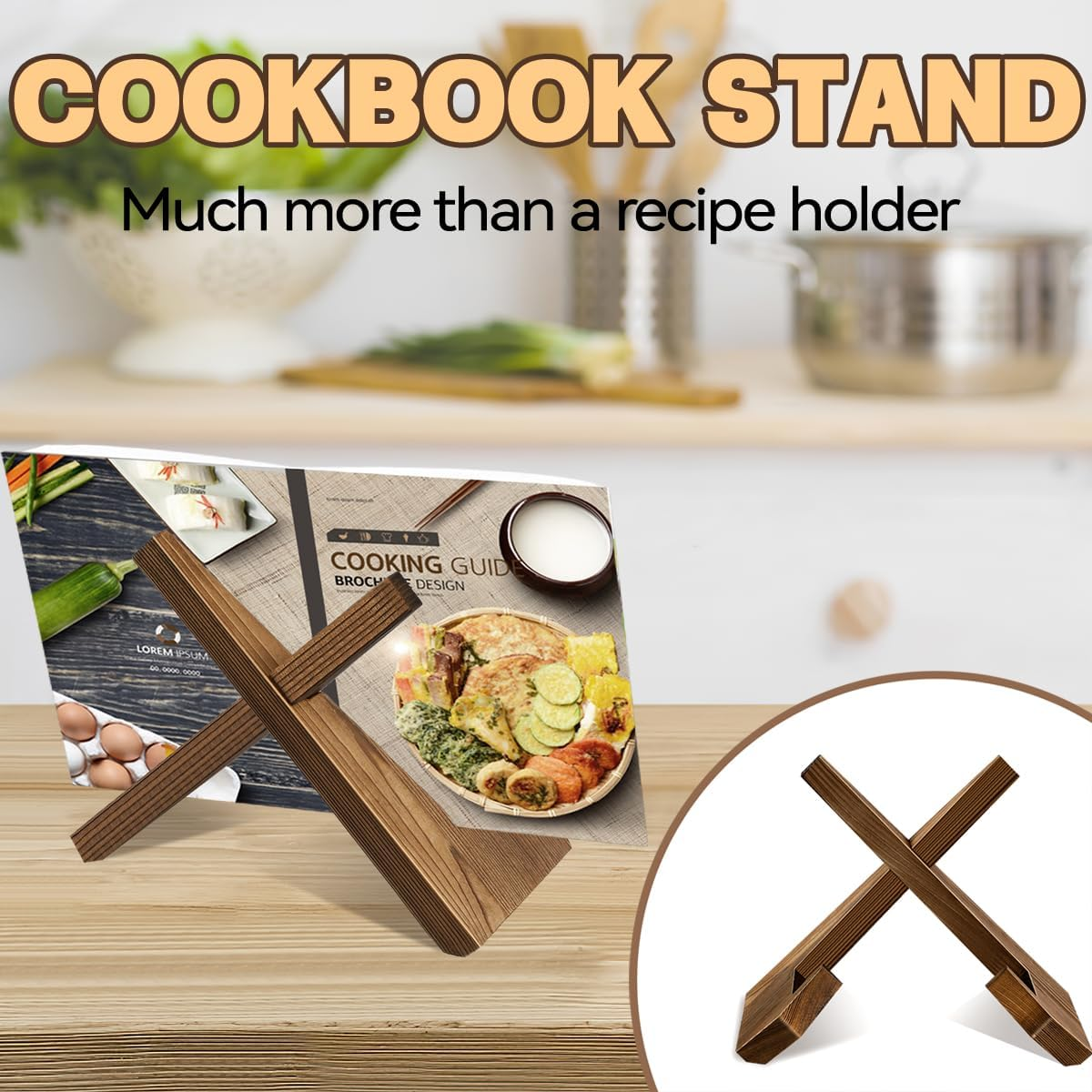 Cookbook Stand Wooden Cookbook Holder Solid Wood Recipe Book Holder Farmhouse Cook Book Stand Rustic Display Stand Kitchen Counter Decor for Cooking Reading Hands-Free Tablet image number 3