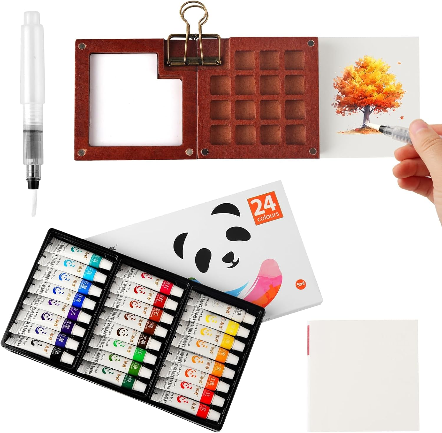 Eukyplace Mini Watercolour Kit &ndash; 24 Colors Mini Watercolour Travel Set with Wooden Gouache Paint Palette, Water Colour Paint Set with Brush & Paper &ndash; Portable Art Kit for Beginners & Artists image number 1