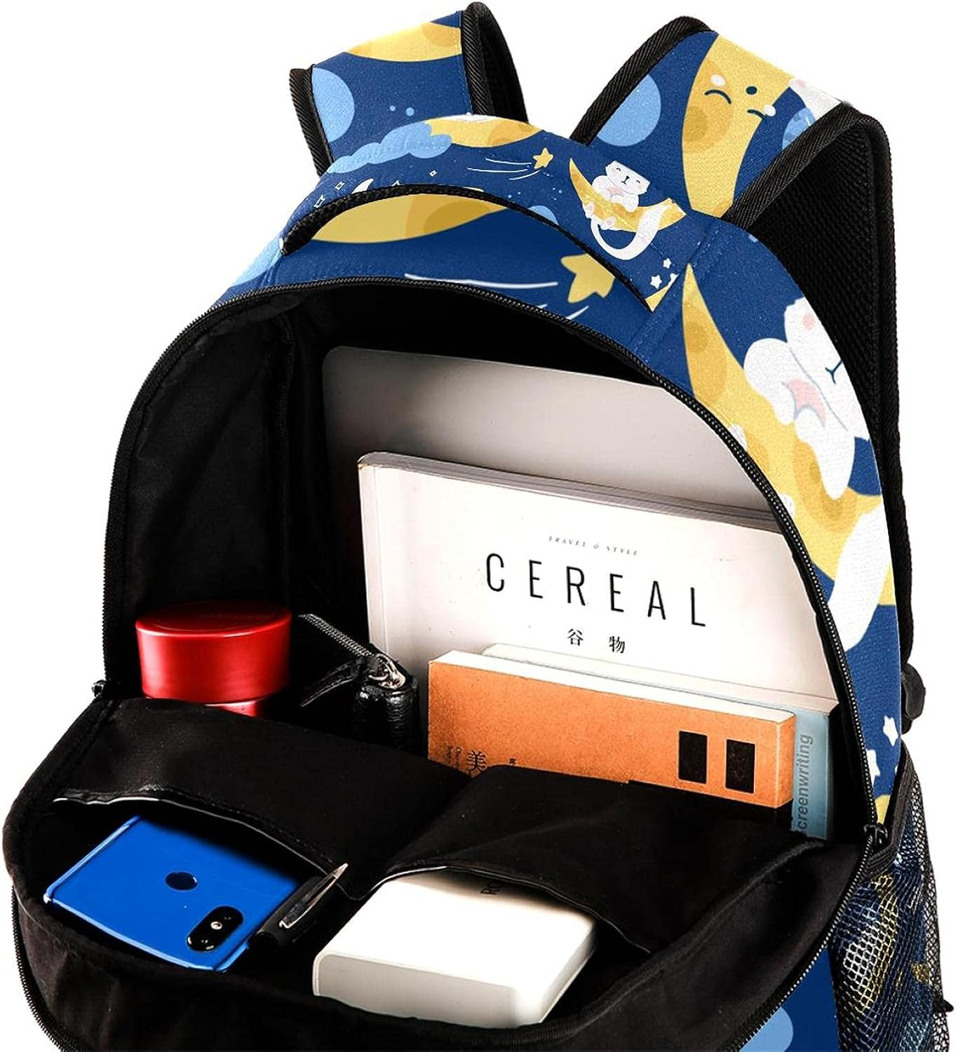 White Cat Sleeping on a Moon Starry Night Sky Backpack Students Shoulder Bags Travel Bag College School Tote Backpacks image number 1