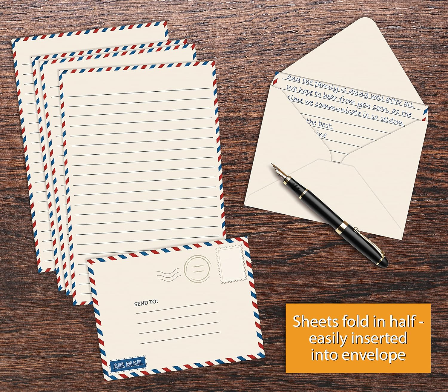 Better Office Products Mini Stationery Set, 100 Piece Set (50 Lined Sheets + 50 Matching Envelopes), 5.5 X 8.25 Inch, Vintage Airmail Design, Double Sided Printing, Double Side Lined Paper, By image number 4