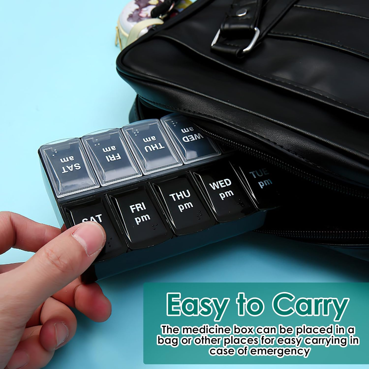 Weekly AM & PM Pill Organizer, Medicine Container 7 Days 2 Times Day and Night for Travel, Tablet Organiser Large for Vitamins Fish-Oil Supplements Capsule Storage with Braille (Black & White) image number 2