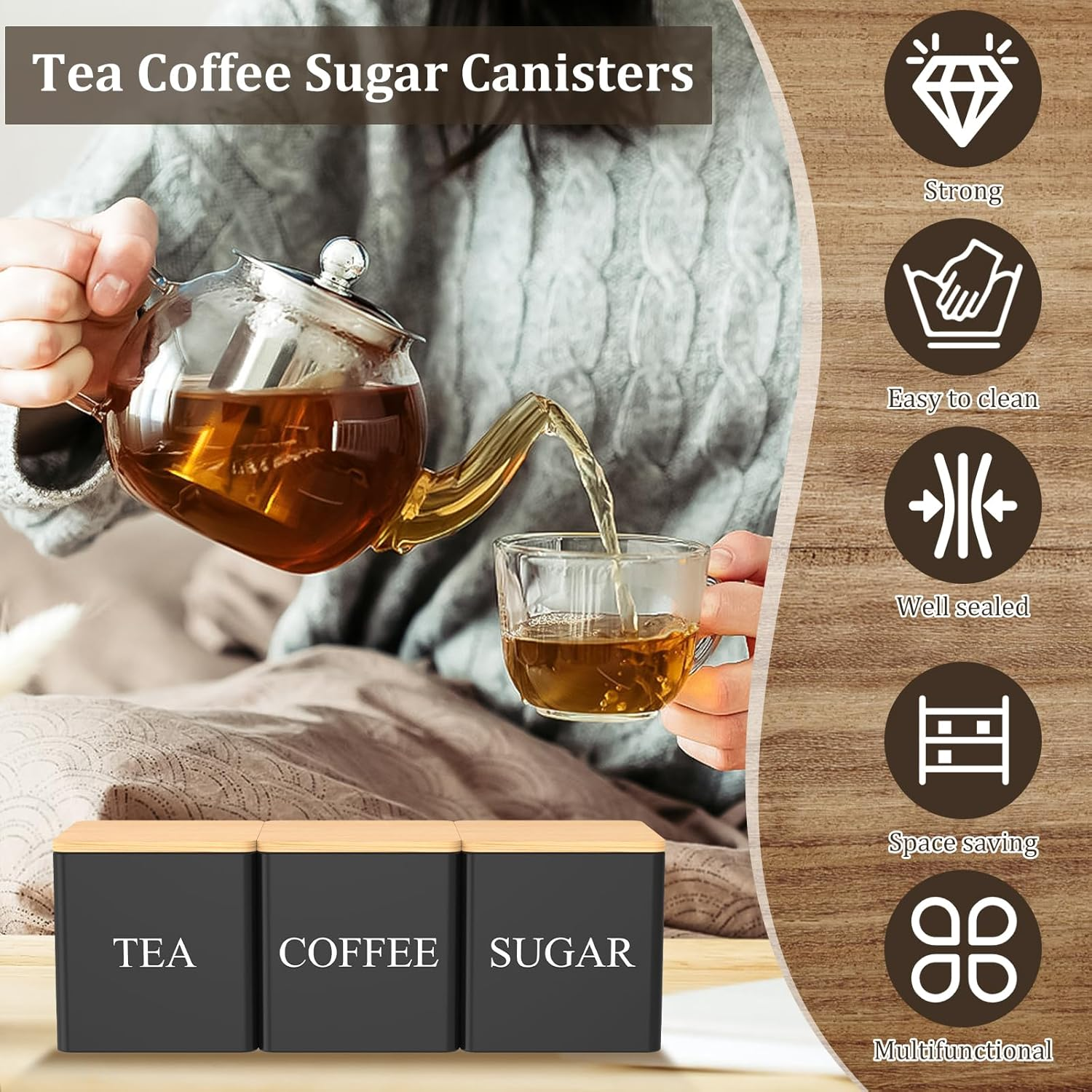 3Pcs Tea Sugar Coffee Canister Set with Bamboo Lids, Large Capacity Tea Sugar Coffee Container Set Sealed Space Saving Jar Set (Black) image number 6