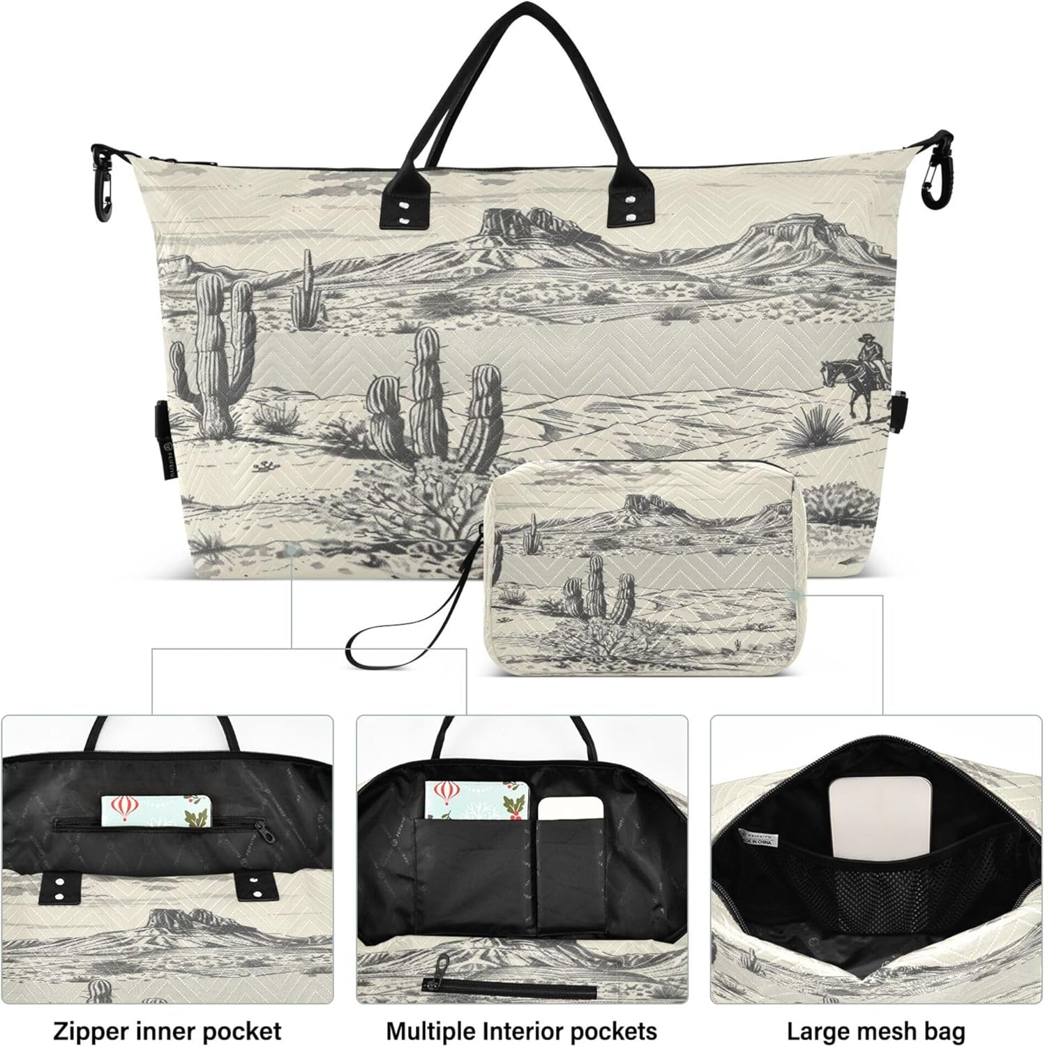 Duffel Bags Tote Bag Large Carry on Bag with Toiletry Bag for Gym Foldable Desert Landscape Mountains Cacti Cowboy, Multi, One Size, Modern/Fitted, Multi, One Size, Modern/Fitted