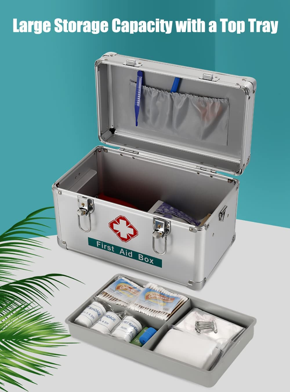 FOREVERIE Premium 14 Inches Empty First Aid Box with an Internal 3 Grid Tray and Shoulder Strap, Aluminum Alloy Framed, Portable Home & Work Medicine Box for Medical and Health Industry Workers