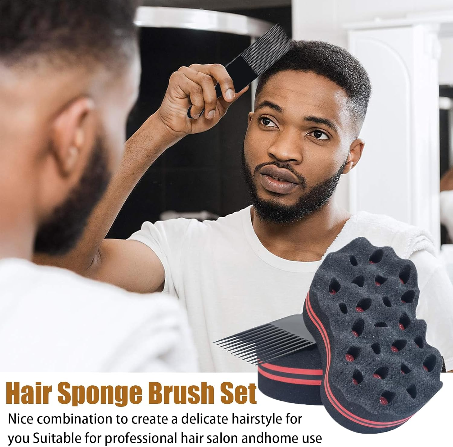ARJDXDP 4 Pcs Hair Sponge Brush, Big and Small Holes Hair Sponge Brush with Combs and Gloves, 4 in 1 Afro Twist Comb Set for Barber and Home
