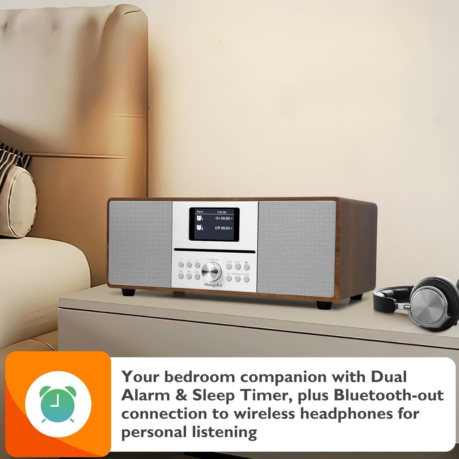 Mangokit MS4 CD Player DAB Radio Hifi System I Bluetooth I Powerful Stereo System I Digital Radio Dab+Iacoustic Wood Cabinet I CD Player with Speakers 100W I 40 Presets,Headphone Jack I Walnut Finish image number 6