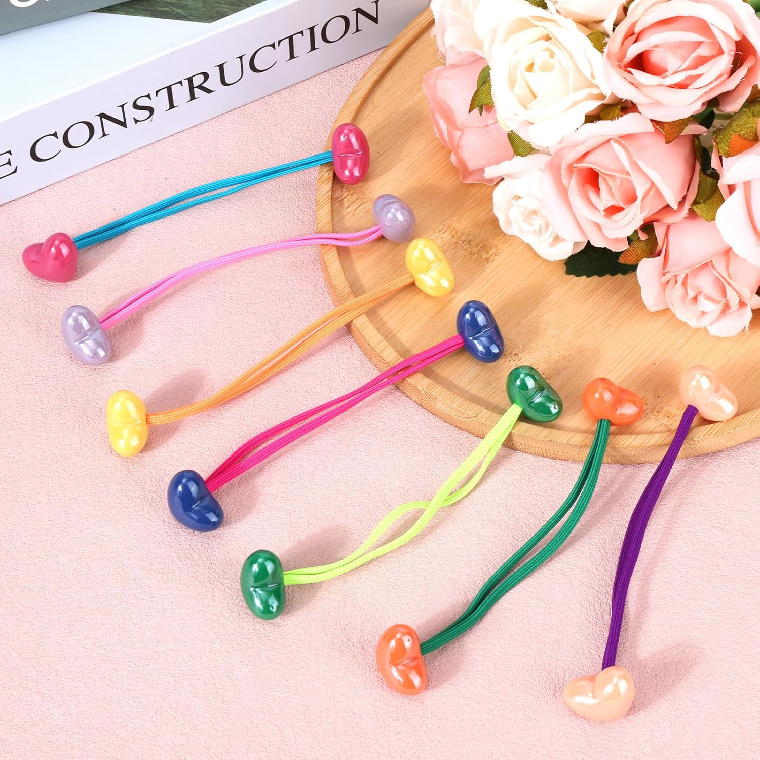 Lasuroa 14 Pcs Ball Charm Hair Ties for Little Girls, Double Heart Shaped Beads Elastic Hair Bands Cute Ponytail Holders for Toddler Girls Hairstyle Accessories image number 5