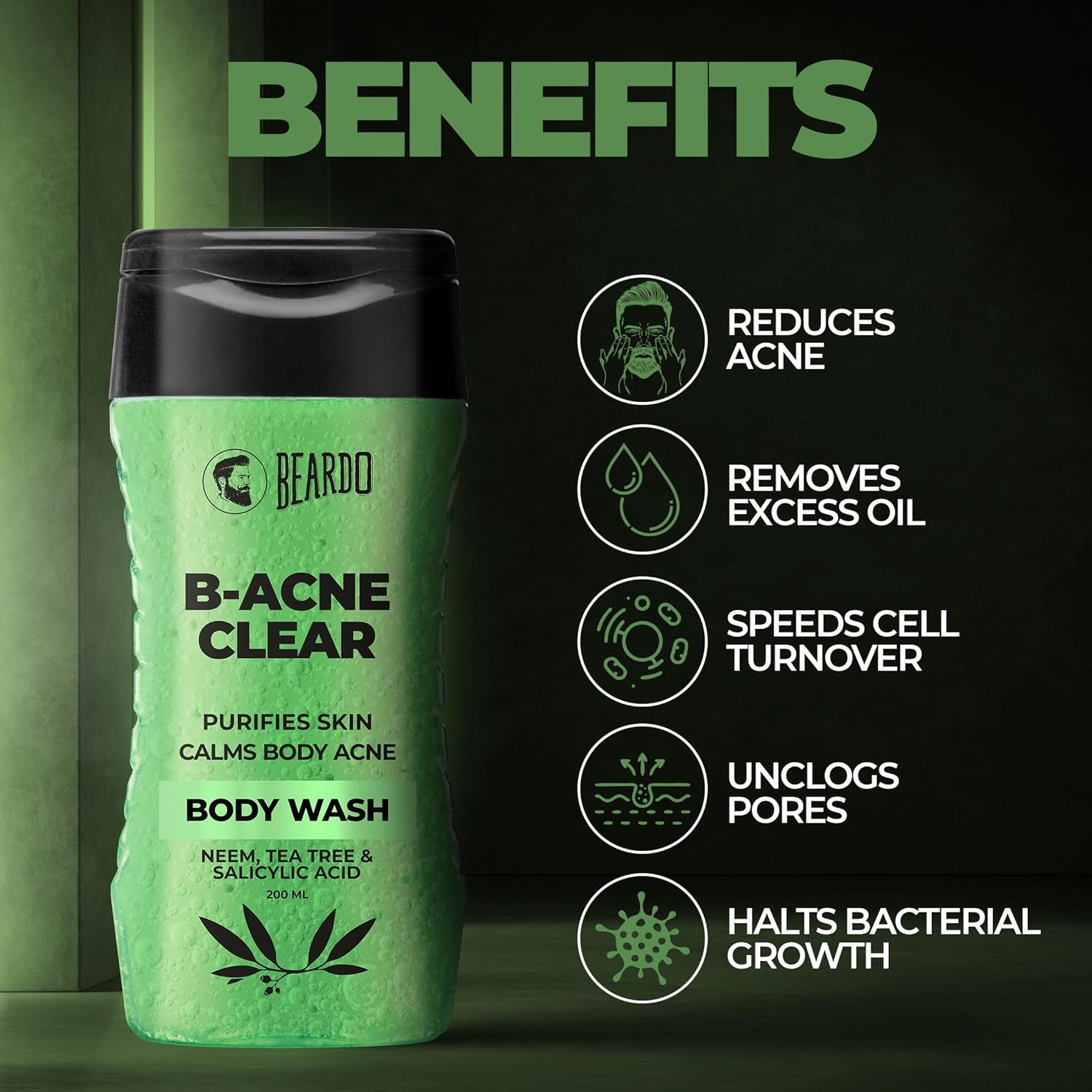 Beardo Ice Blast Body Wash & B-Acne Clear Body Wash for Men 200 Ml (Pack of 2) | for Instant Freshness & Body Acne and Skin Purification | with Menthol, Neem, Tea Tree and Salicylic Acid image number 5