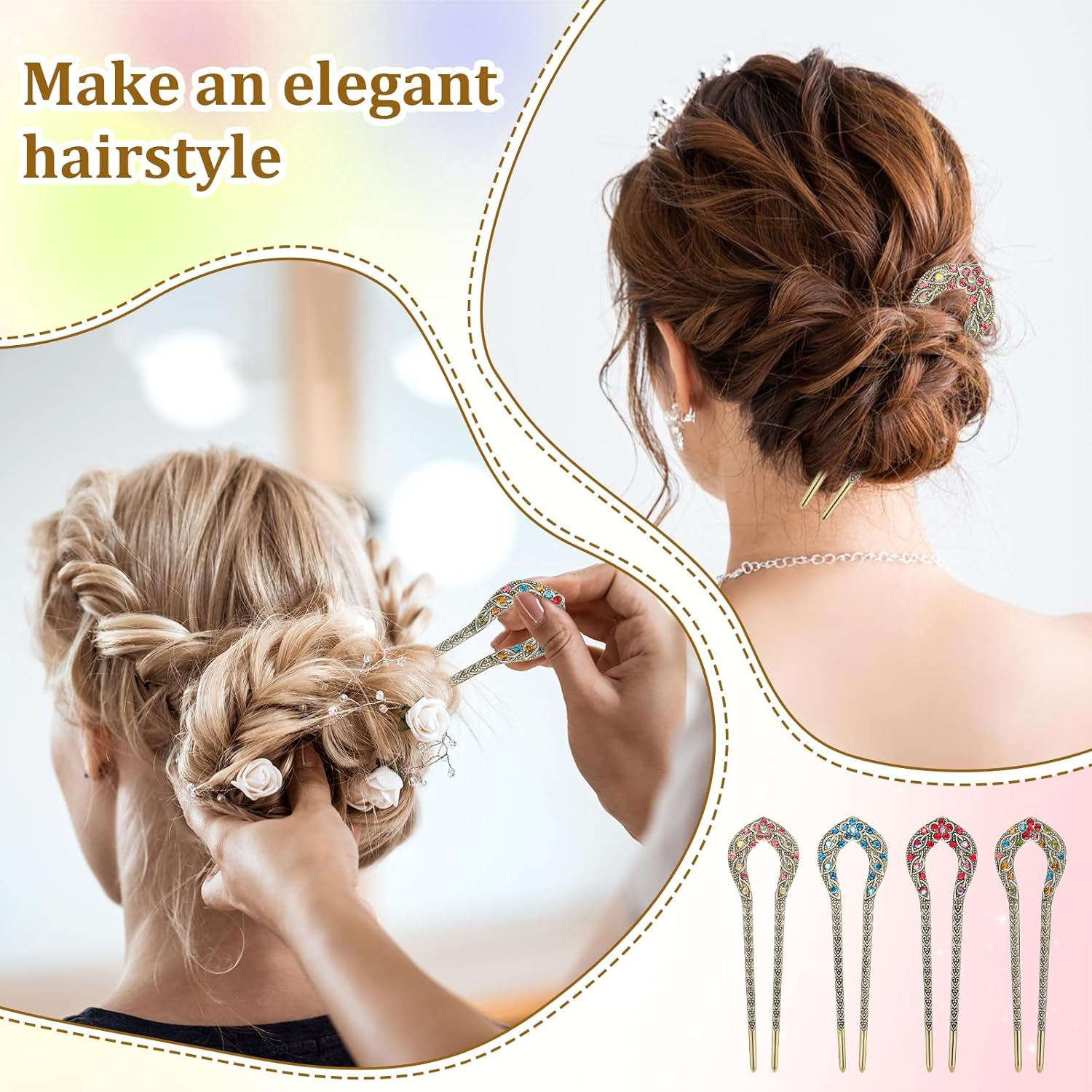 Sibba French Hair Pins 4 Pcs U Shape Hair Fork Pins Chopsticks Hairpins Picks Metal Hair Sticks Hairclips Vintage Long Hair Hairstyle Accessories for Bun Braids Women image number 5