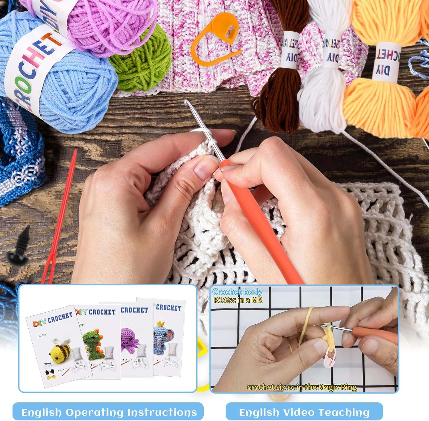 4 Pieces DIY Crochet Set with Crochet Pocket and Instructions, Knitting Set for Beginners, with 4 Different Animal Crochet Instructions (Elephant/Dinosaur/Bee/Octopus) for Beginners Animals image number 2