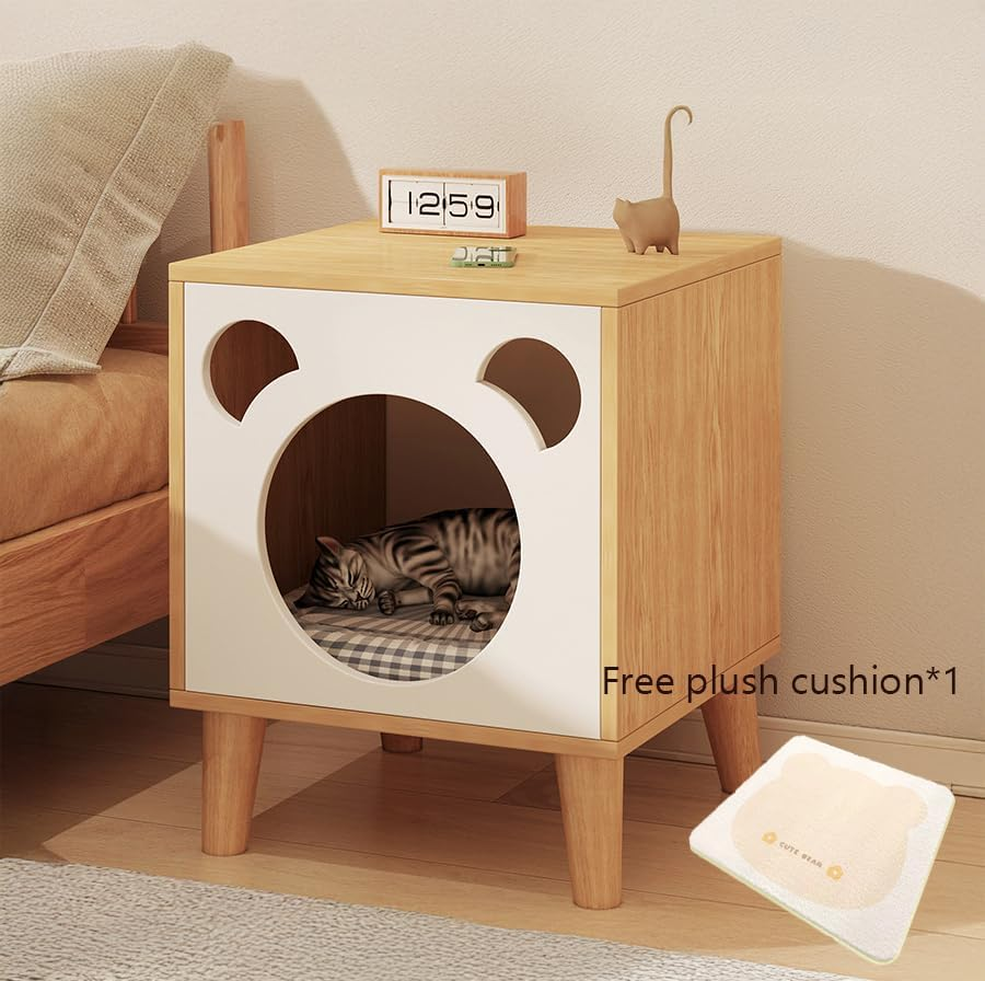XXYSPT Modern Cat House End Table with Pet Cushion, Wooden Cat Furniture, Dual-Color Wooden Enclosed Cat Condo Nightstand, Indoor Pet Furniture for Cats and Small Dogs &ndash; 40 X 40 X 50 Cm image number 5