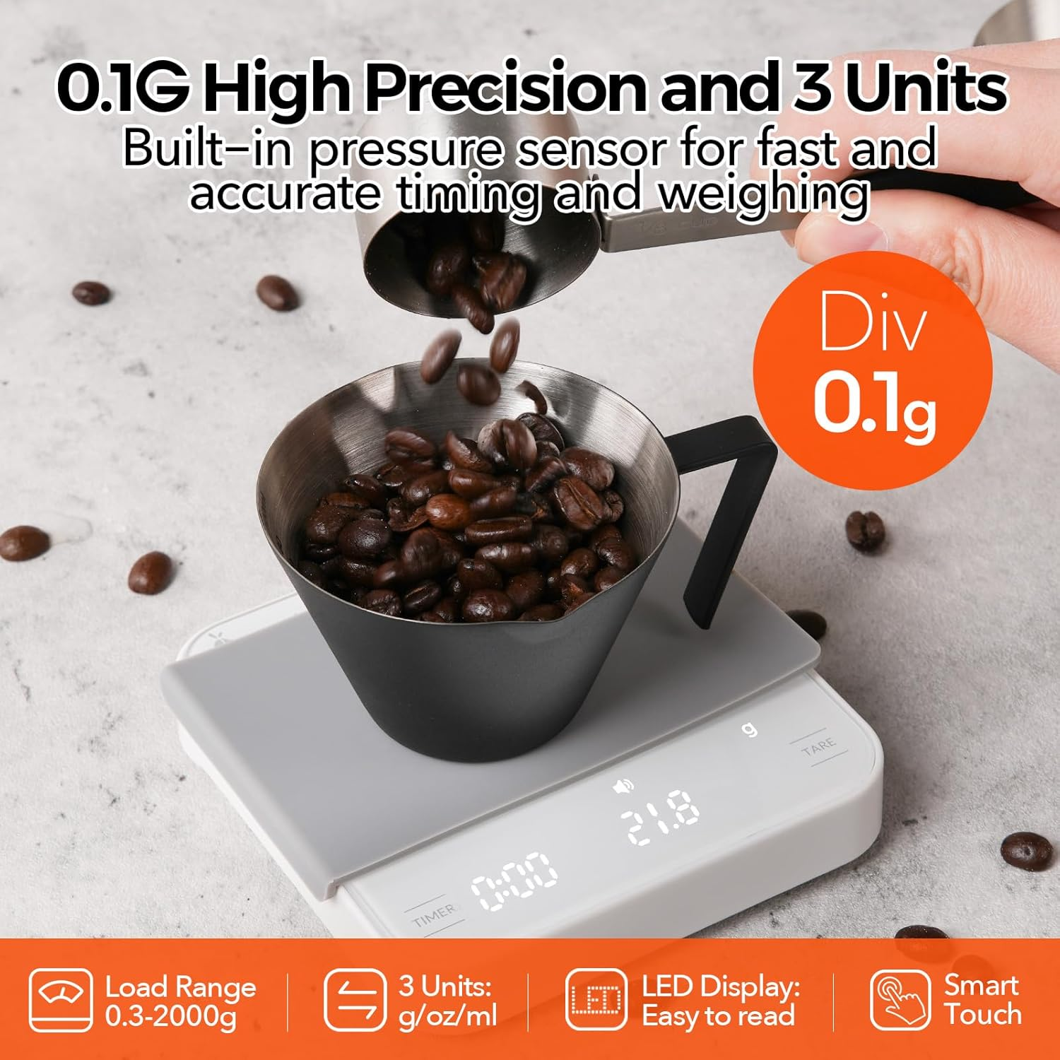 Carrottimes Rechargeable Mini Coffee Scale with Timer, 2Kg/0.1G Precision Espresso Scale, Portable Coffee Weight Scale W/ 4 Modes for Espresso and Pour-Over Coffee (White) image number 4