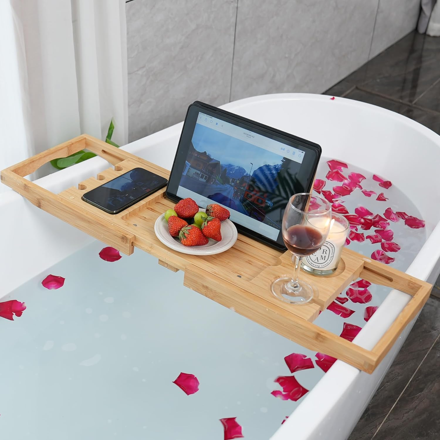 Utoplike Bamboo Bathtub Caddy Tray Bath Tray for Tub, Adjustable Bathroom Bathtub Organizer with Book Tablet Wine Glass Cup Towel Holder (24.5"-37.4") image number 5
